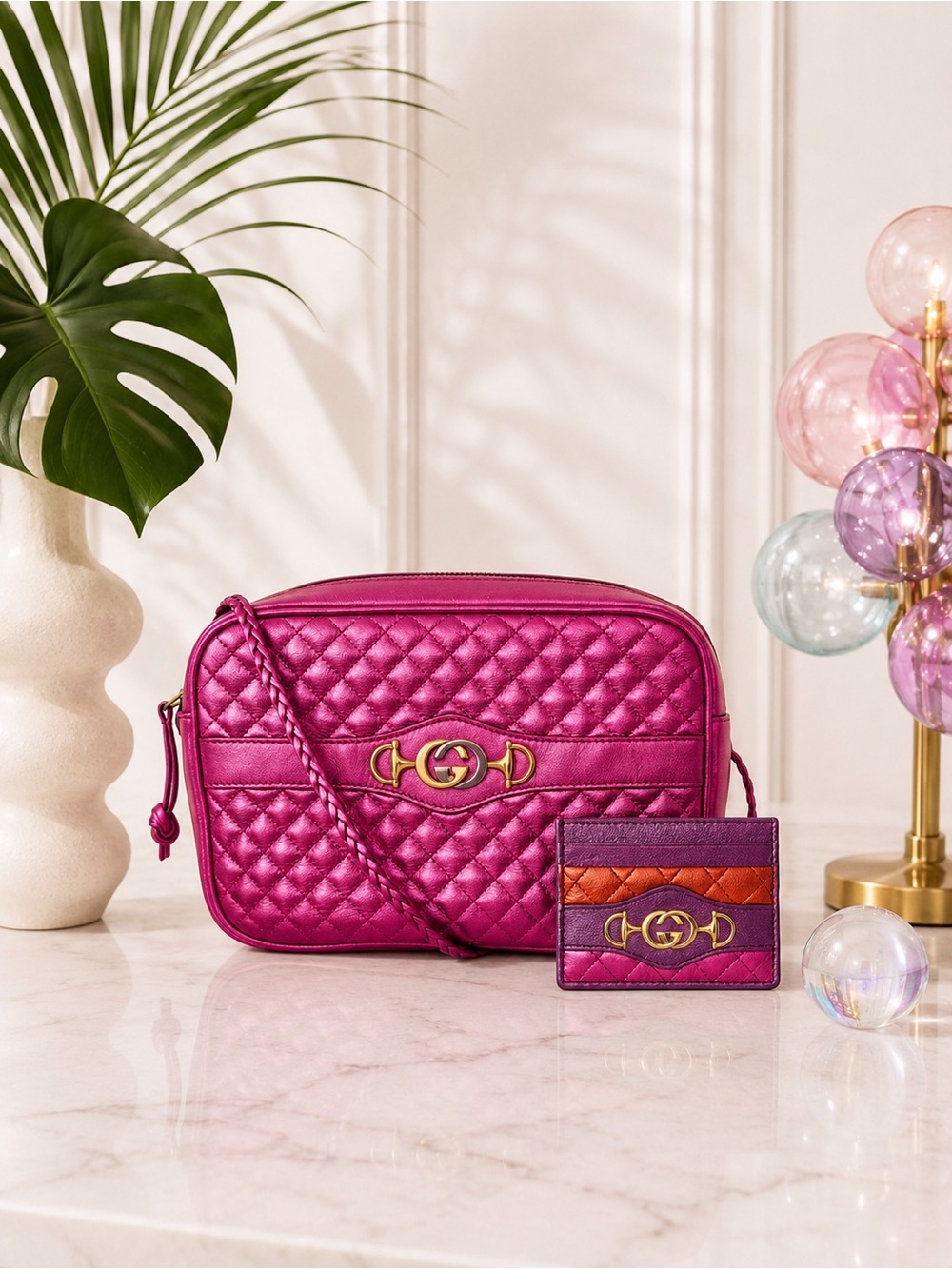 Gucci Fuchsia Laminated Quilted Leather Trapuntata Crossbody Camera Bag & Wallet